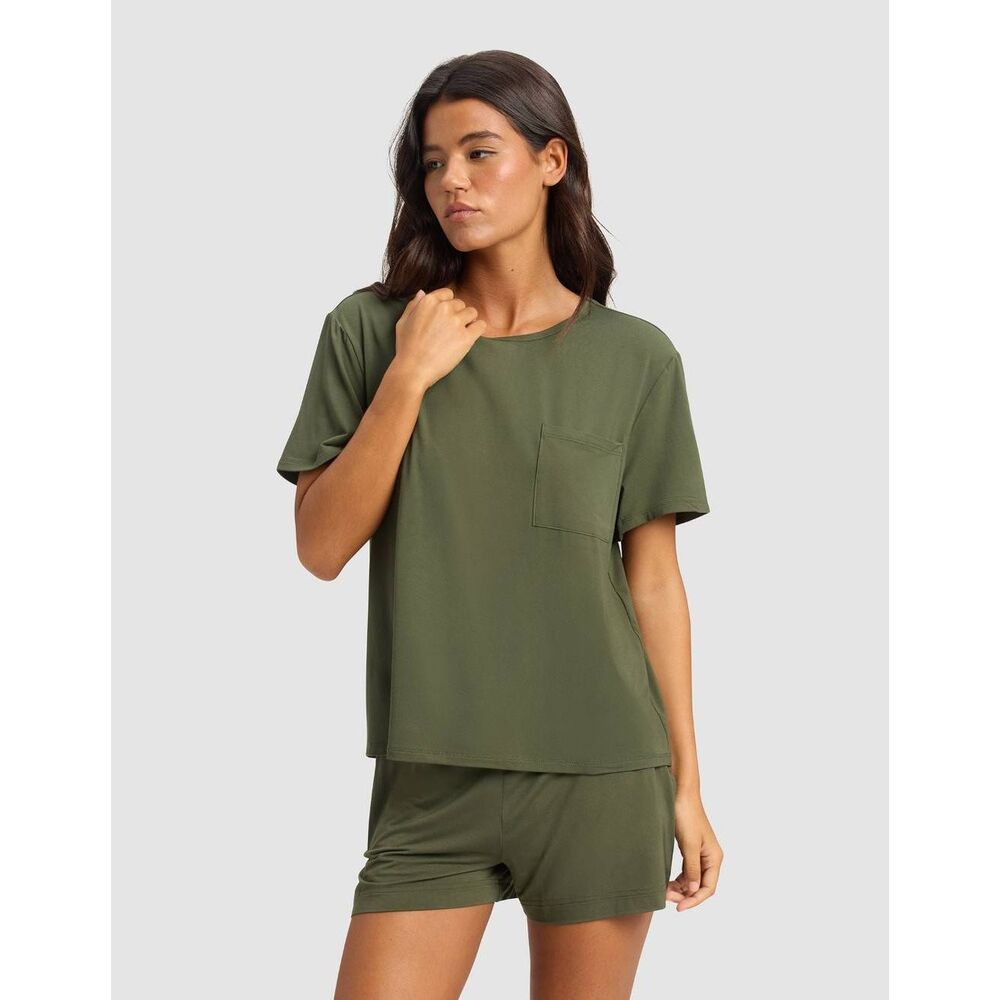 Cozy Earth Bamboo Stretch-Knit Lounge Tee Olive Medium Basic Minimalist Simple